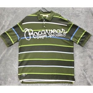Rocawear Polo Shirt Men Extra Large Green Striped Big Logo Urban Hiphop
